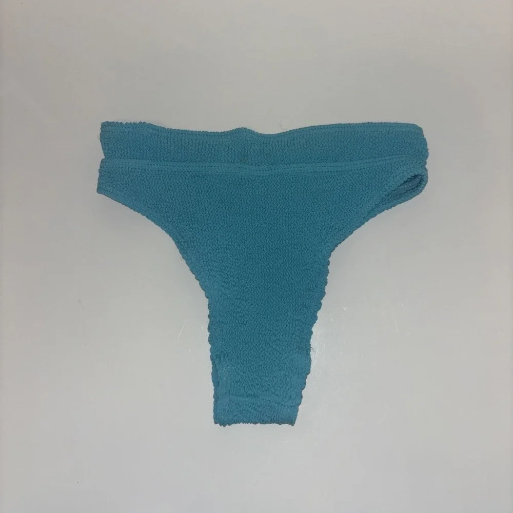 Blue Crinkle Textured High Leg Bikini Bottoms Smocked Swimwear Sz XS designer
